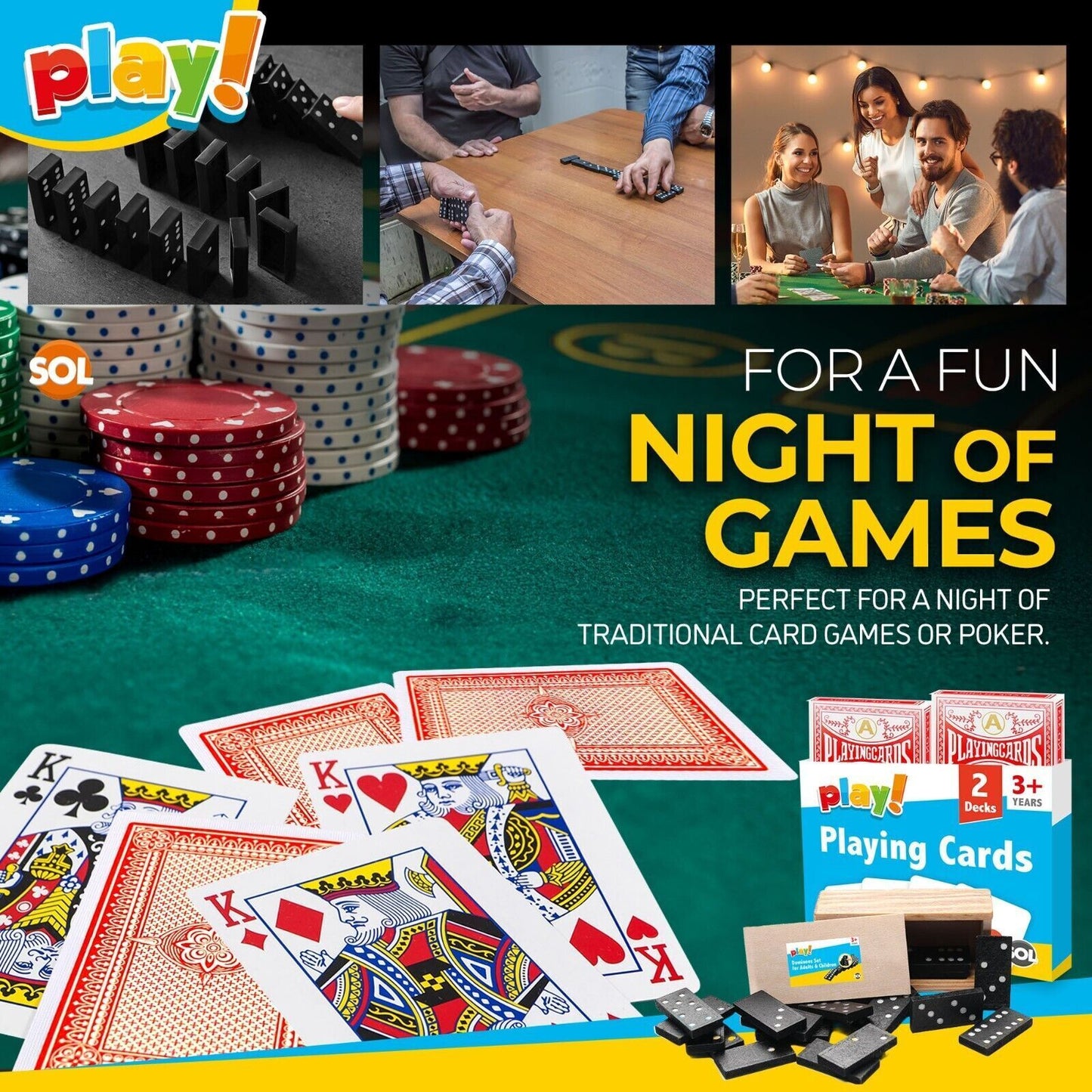 2 Pack Playing Cards Plastic Coated & 28 Dominoes Game Set Wooden Box Dominos