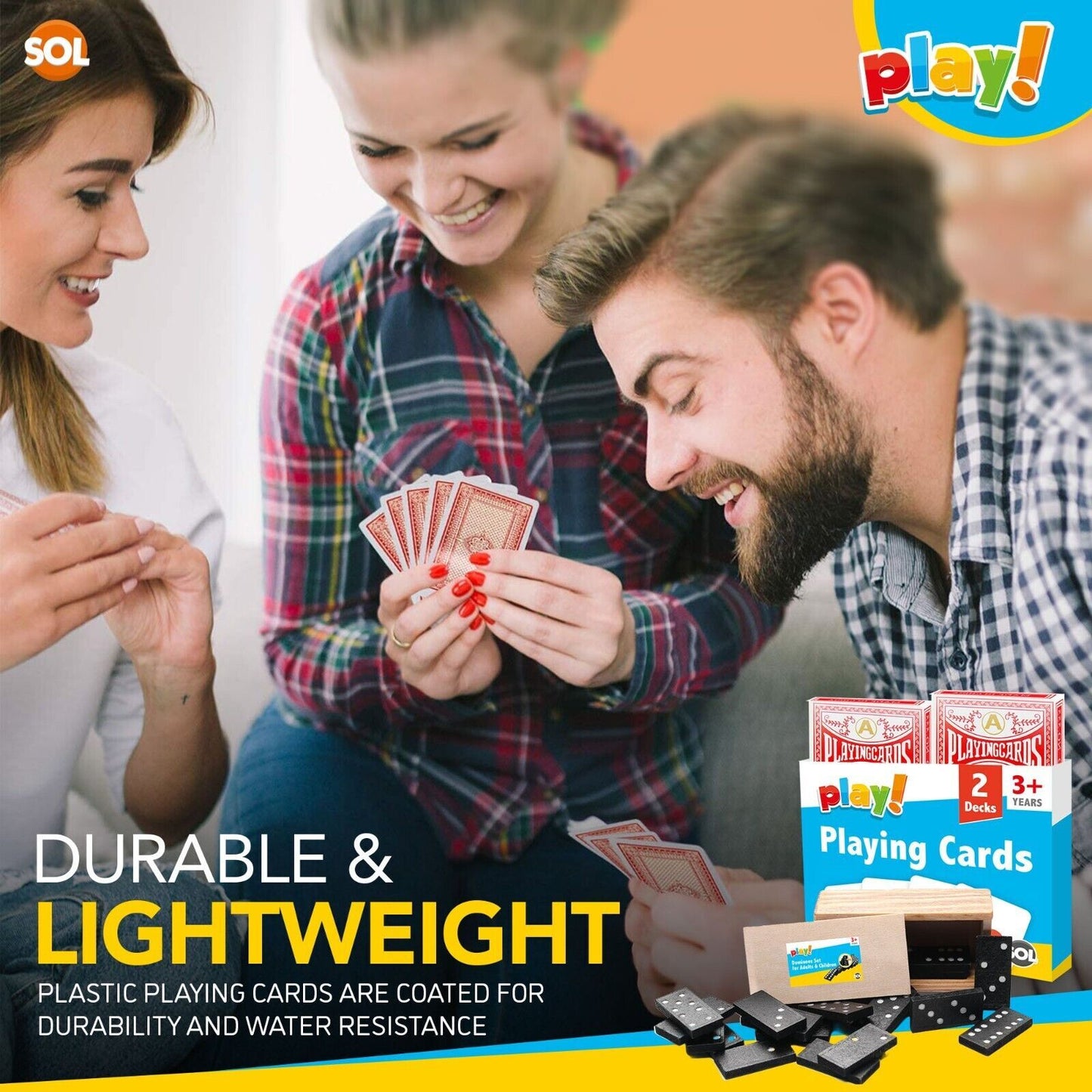 2 Pack Playing Cards Plastic Coated & 28 Dominoes Game Set Wooden Box Dominos
