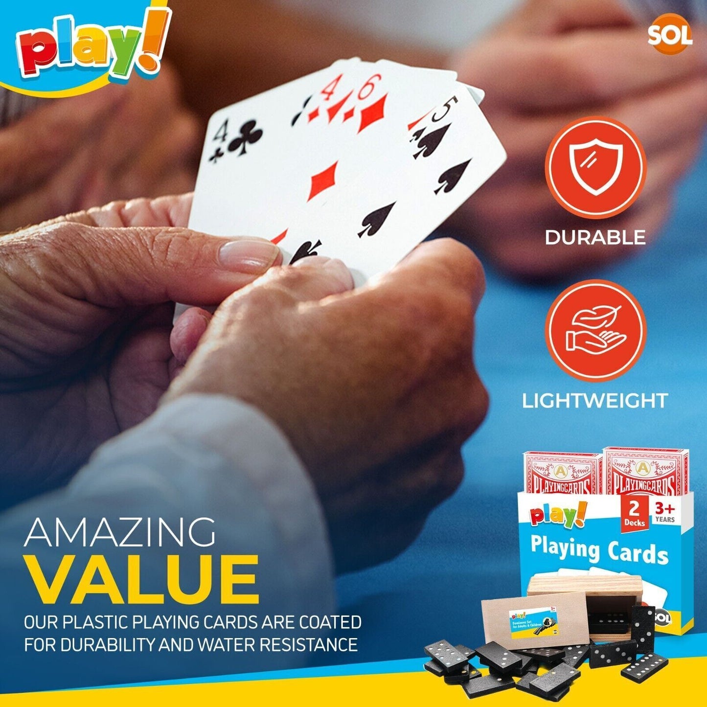 2 Pack Playing Cards Plastic Coated & 28 Dominoes Game Set Wooden Box Dominos