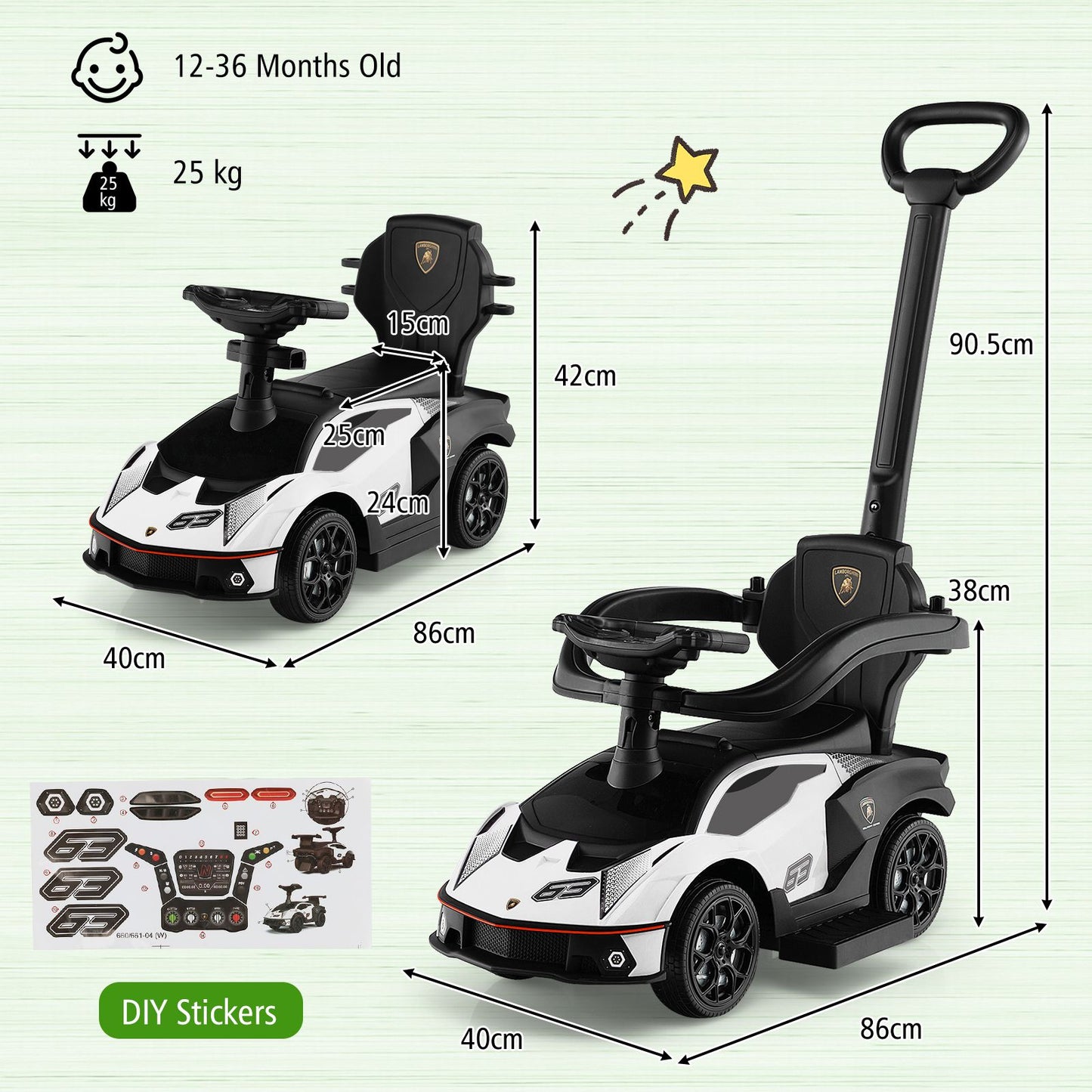 Kids Licensed Lamborghini Ride on Car with Push Handle