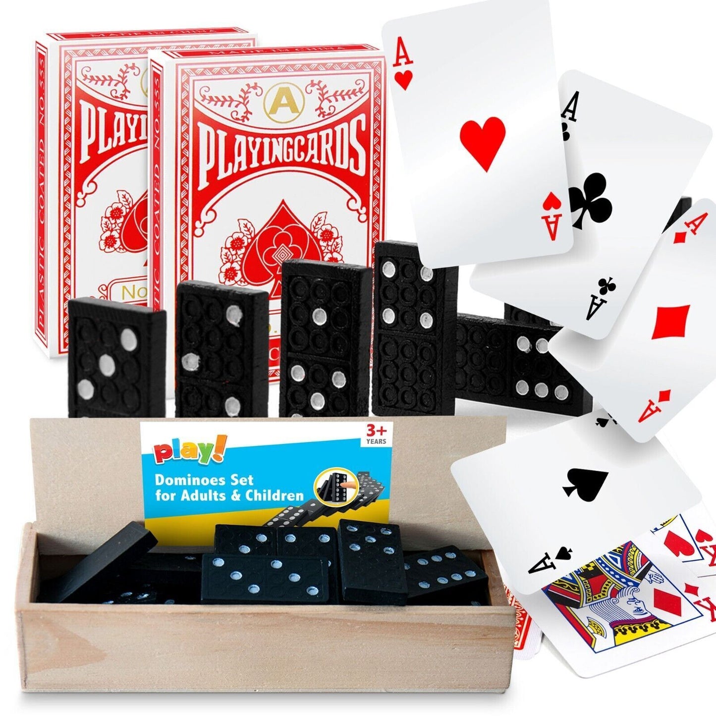 2 Pack Playing Cards Plastic Coated & 28 Dominoes Game Set Wooden Box Dominos