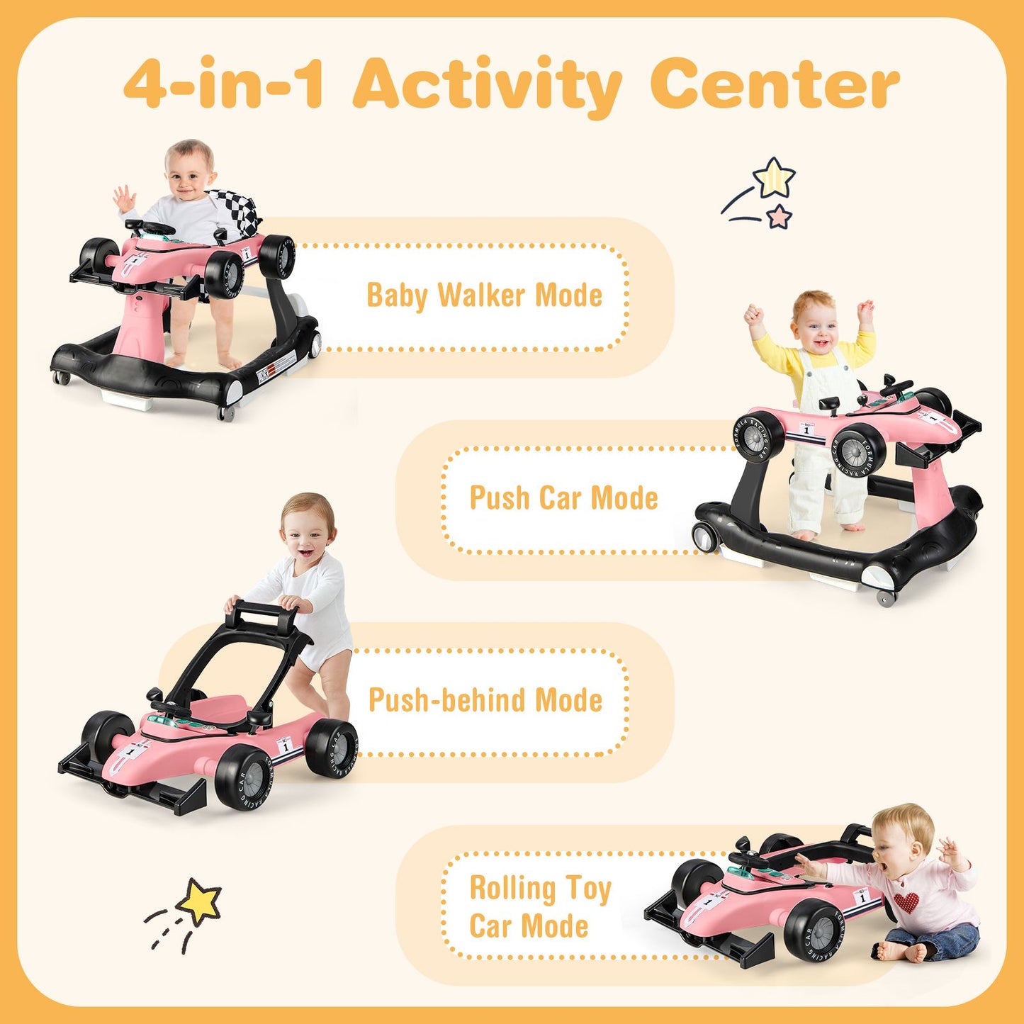 4-In-1 Baby Push Walker with Adjustable Height and Speed