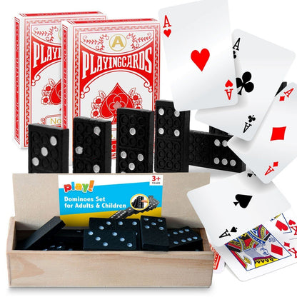 2 Pack Playing Cards Plastic Coated & 28 Dominoes Game Set Wooden Box Dominos